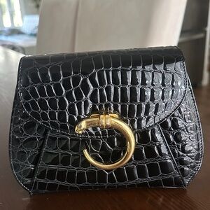 Black Faux Croc-Embossed Mini Bag with Panther Hardware Evening bag